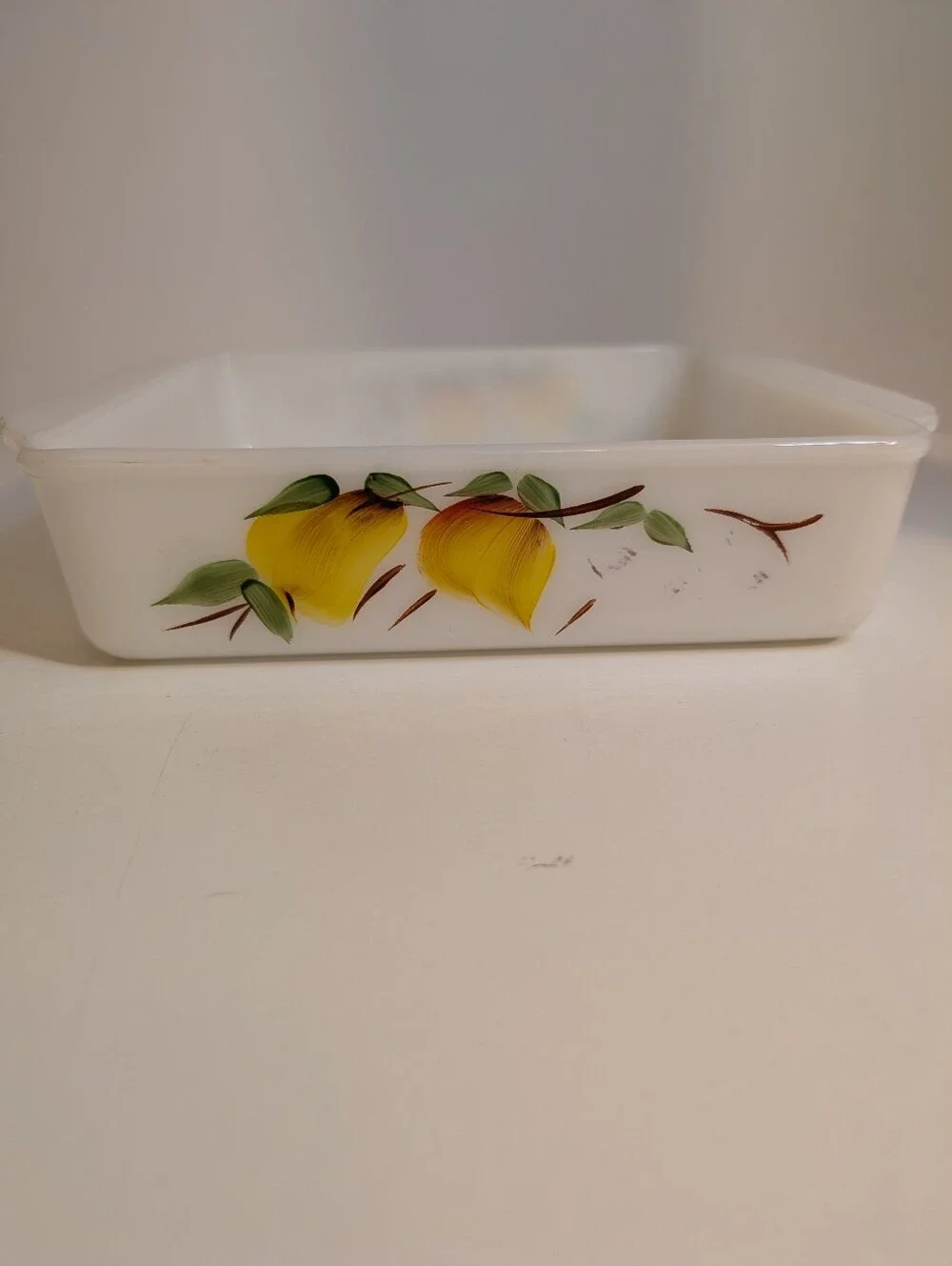 Vintage White Glass Baking Dish with Yellow Fruit Motif Fire King
